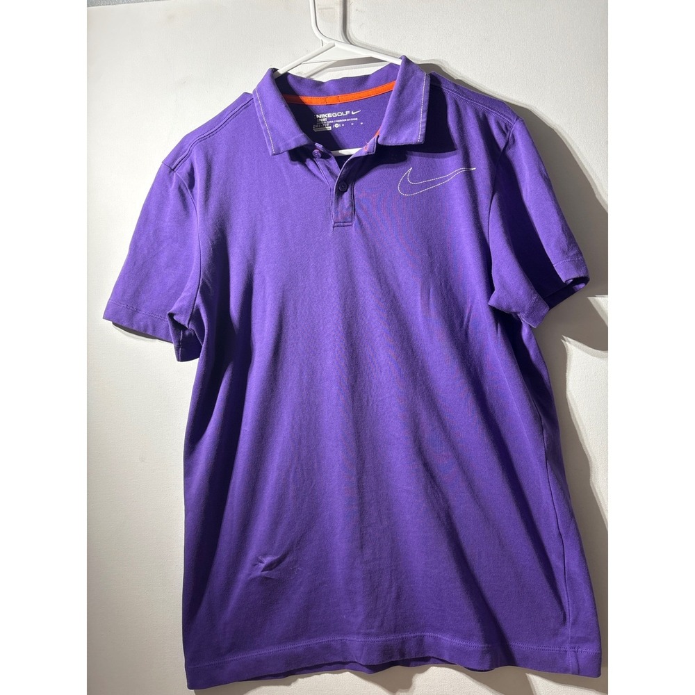 Nike‎ Golf Sport Dri Fit Purple Polo Shirt Men's Medium Orange Accent